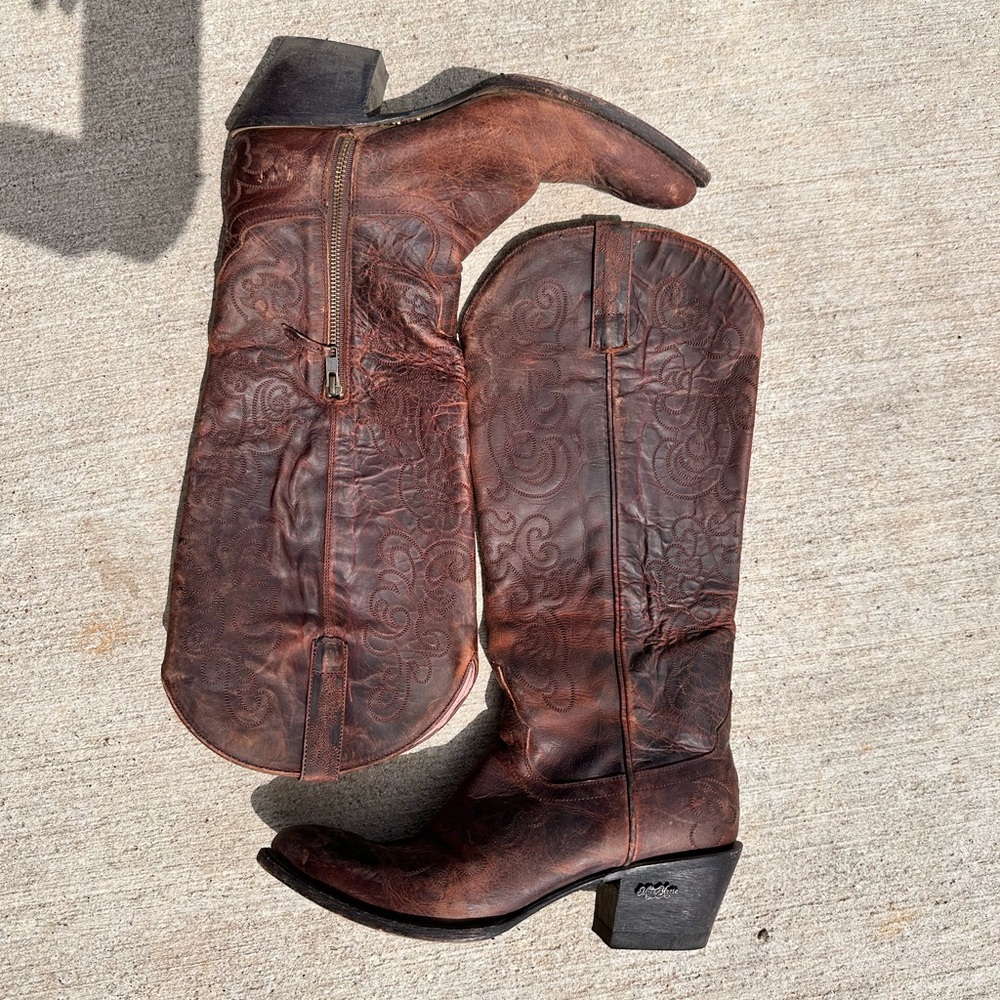 Brown Embossed Leather Cowboy Boots